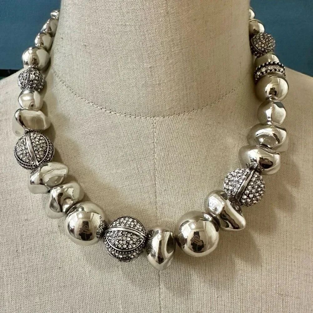 Chico’s Vintage Chunky Silver tone  Pebble Bead Rhinestone   Collar necklace